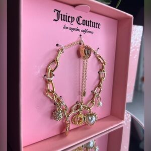 Juicy Couture Gold Charm Bracelet Pearl Heart Crown Rhinestone Adjustable NWT